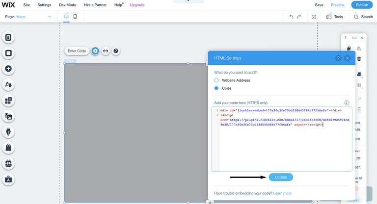 Adding the YouTube feed embed code to Wix